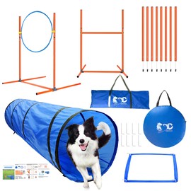 GeerDuo Dog Agility Training Equipment, Obstacle Agility Training Starter Kit for Doggie, Including Tunnel, 27 Weave Poles, Adjustable Hurdle, Jump Ring, Pause Box and Carrying Bag(Blue,L)