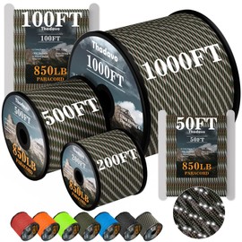 Thadavo 850Ib Reflective Paracord Rope, 50/100/200/500/1000ft 4MM 11 Strand Parachute Cords, Survival Paracord Rope String Tie Down for Crafting, Tent, Camping, Hiking, Fishing, Camo Green 500FT