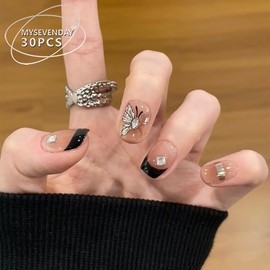 SEMTIM Nail Tips, 30 Pieces, 3D, Medium, Short, Round, False Nails, Medium Long, Popular, Japanese Style, Cute, Simple, Fashionable, Coming of Age Ceremonies, School Entrance Ceremonies, Graduation