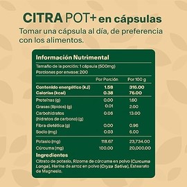 Citrato de Potasio con Curcuma. 200 capsulas de 500mg (Más de 6 meses). VitalBotanics. Suplementos Alimenticios. Multivitaminico Hombre y Mujer. Libre
