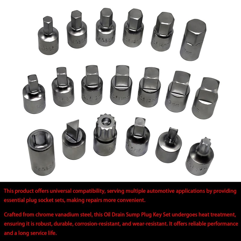 JEUCLEL 20PCS 3/8" Drive Oil Drain Sump Plug Key Set,