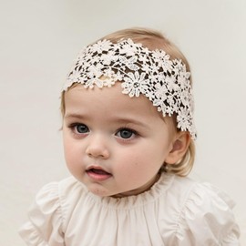 Yheahin Baby Girls White Lace Christening Headband with Crystal Pearl Newborn Soft Lace Flower Elastic Hairband Toddler Infant Baptism Hair Accessories for Birthday Party (White 9, Elastic)