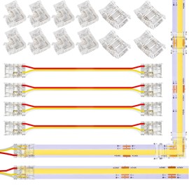 Silkwish Set of 16 3-Pin 10 mm COB LED Connectors - Transparent Solderless 3-Pin Connectors for COB LED Strips, with 8 L Shape, 4 Centre Connectors & 4 Dual-End Cables (13 cm)