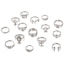 Vintage Gemstone Ring Sets Silver Crystal Knuckle Stacking Rings Boho Flower Moon Mid Rings Jewelry for Women and Girls(15pcs)