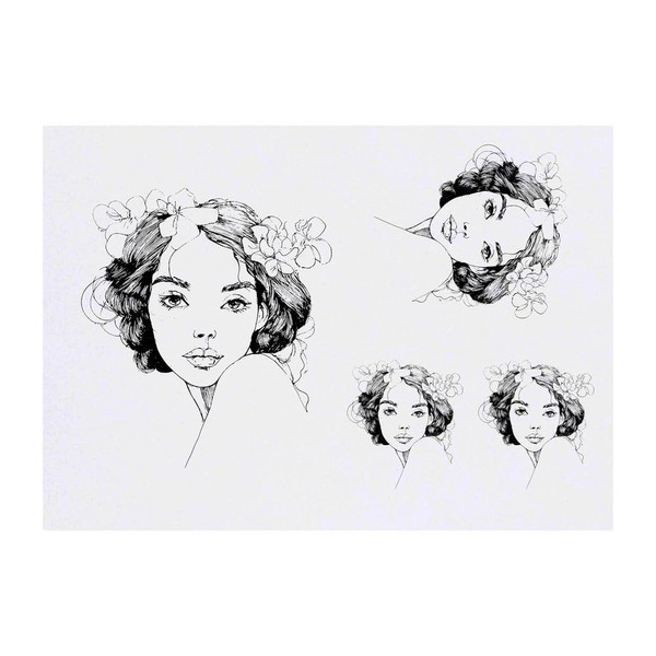 4 x 'Sketchy Girl with Flowers in Hair' Temporary Tattoos