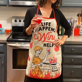 Crazy Dog T-Shirts Funny Cooking Apron – Life Happens Wine Helps Graphic – Cotton Blend Kitchen Apron and Oven Mitt Set for Wine Lover Gifts and Kitchen Accessories - Multi Oven Mitt + Apron