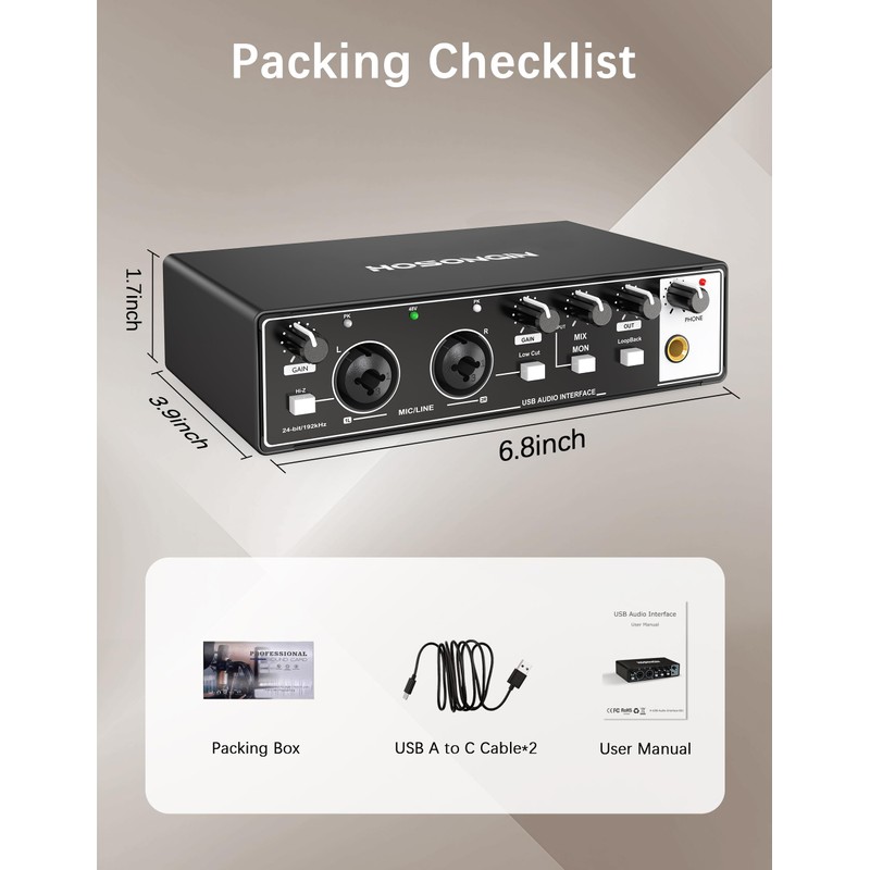HOSONGIN USB Audio Interface for PC and Mac Recording Music,
