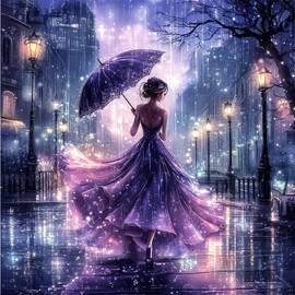 MAXBYE Woman in Rain Diamond Painting Kits for Adults, Umbrella Woman Diamond Art Kits for Beginners, 5D DIY Round Full Drill Diamond Dots Gem Art Craft for Home Decor Gift 12x12