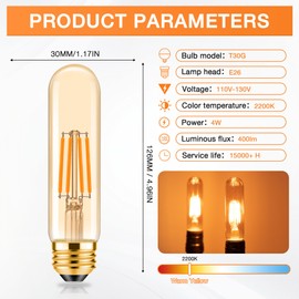 ToBeGreat T30 Light Bulbs 4 Watt Equivalent 40W Bulb E26 Tubular Bulbs T10 Amber LED Bulb Warm White 2200K Chandelier Desk Lamp Kitchen Bedbroom Bathroom,Dimmable,2 Pack