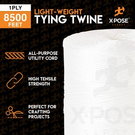 Polypropylene Tying Twine - 1 Ply White Plastic Poly Twine String 8500' Roll - Soft On Hands - Heavy Duty Outdoor & Indoor Tie Line - Baling, Shipping & Bundling, Packaging Rope