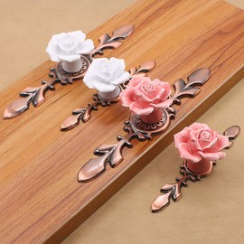 POFET Handle Zinc Alloy Ceramic Rose Single Hole Wardrobe Drawer European Antique Copper 5 Packs, Bronze White Rose