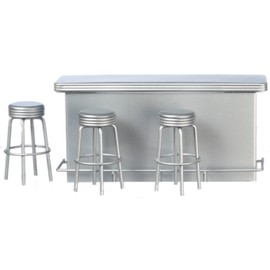 Dollhouse Miniature 1950's Counter w/3 Stools, Silver #T5921