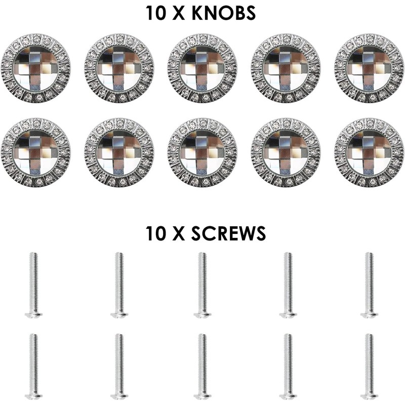 10 x Silver Tone 30mm Rhinestone Drawer Knobs for Cupboard