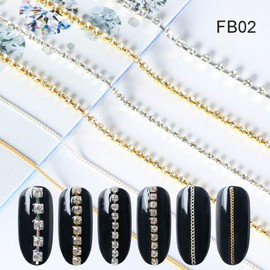 Yuzhiye Nail Parts Chain 3 Pack Set 18 Different Nail Art Parts Gold Silver Pink Gold Rhinestone Gel Nail Design