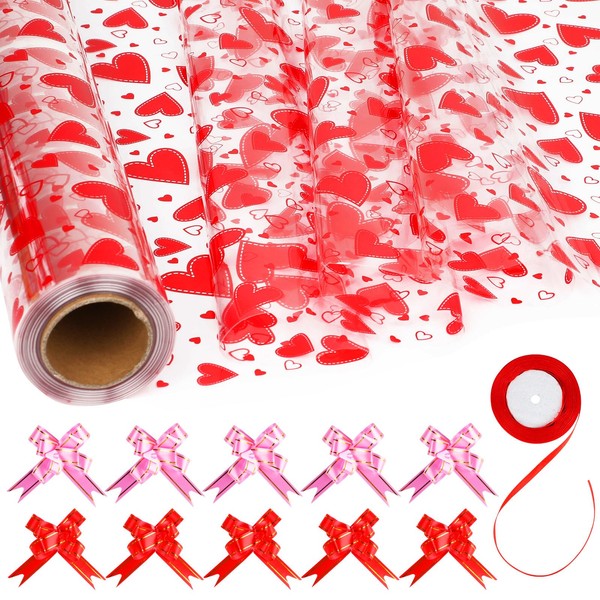 CCINEE Heart Cellophane Wrap Roll,32in x 98ft Valentine's Day Clear Cellophane Gift Basket Wrapping Paper with Ribbon and Pull Bows for Valentine's Day Gift Wrapping Flower Gift Box Supply
