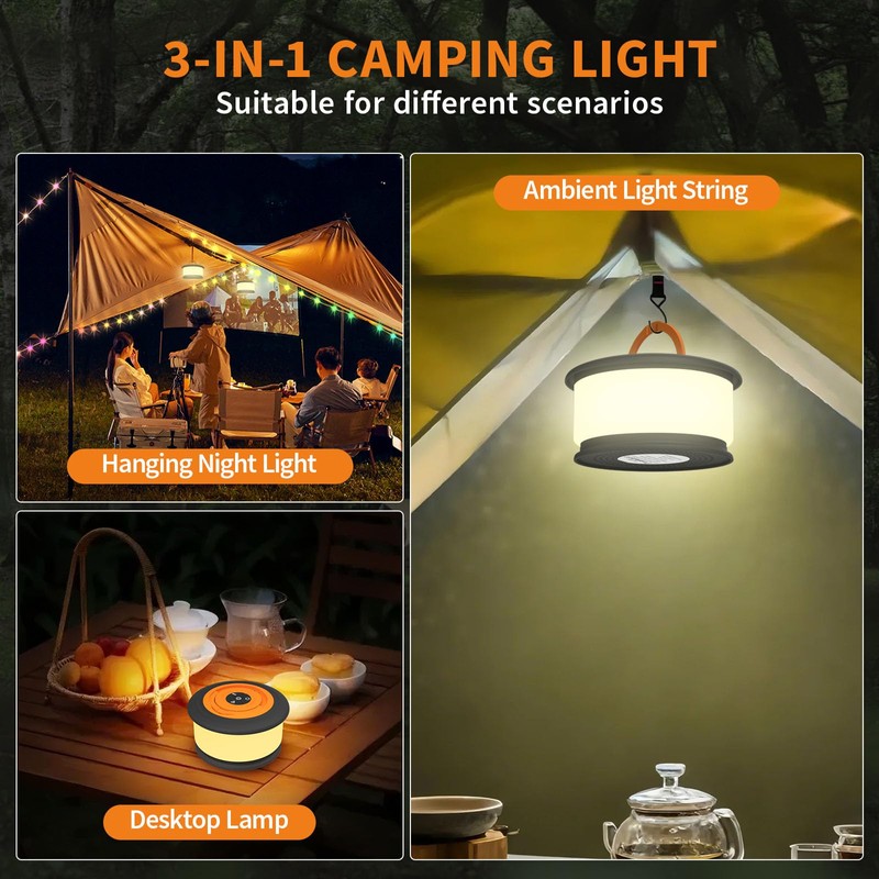 TOHETO Camping String Lights, 3 in 1 Upgraded Retractable RGB