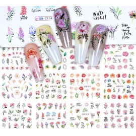 Colorful Flower Nail Art Stickers Water Transfer Embossed Self-Adhesive Pink Peony Nail Decals Spring Nail Art Supplies Wild Flower Nail Design Flower Nail Stickers for Women Nail Decoration 12Sheets