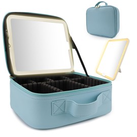 MORMID Travel Makeup Bag with LED Lighted Mirror, Travel Makeup Organizer,3 Color Setting Cosmetic Makeup Box, Adjustable Dividers and Brush Holder（baby blue）