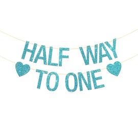 RoadSea Half Way to One Banner - Baby Boy 6 Months Birthday Party Supplies - Baby Shower Idea and Gift - Baby Half Year Old Birthday Party Decorations - Blue Glitter
