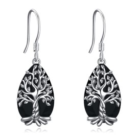 YFN Tree of Life Earrings Sterling Silver Black Obsidian Tourmaline Crystal Earrings Jewellery Spiritual Protection Gifts for Women Girls
