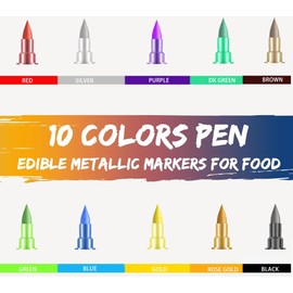 ZJSJSP Edible Metallic Markers,Food Shimmering Color Pen,Fine and Thick Tip Food Upgrade for Cookies/Cakes/Fondant/Baking Decorating/Drawing (10 Color, 10PCS)