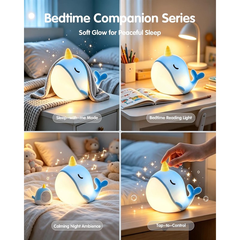 Fuloon Narwhal Night Light with Whale Shape, Squishy Silicone Kids