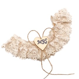 AyerVici Chic Beige Boho Lace Bridal Garter Cotton Twine Bow and MRS Love Wood Embellishment Stretchy Soft Prom Party Garter