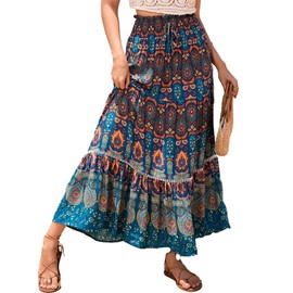 SotRong Maxi Skirt Floral Print Gypsy Skirts for Women UK Elasticated Waist Summer Boho Skirt Ladies Bohemia Long Ruffle A line Summer Dress Blue L
