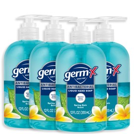 Germ-X Antibacterial Hand Soap, Moisturizing Liquid Hand Wash for Kitchen or Bathroom, pH Balanced & Dermatologist Tested, Back to School Supplies, Spring Rain, 12 oz Pump Bottle (Pack of 4)