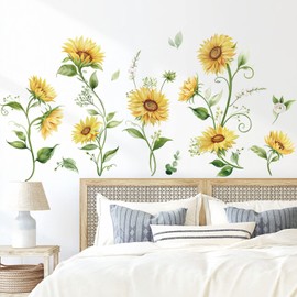 decalmile Watercolor Sunflower Wall Decals Yellow Flower Garden Floral Wall Art Stickers Bedroom Living Room TV Background Wall Decor