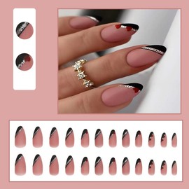 JUSTOTRY Almond Shape Black French Press on Nails, Short Medium Length with Gold Glitters and Red Love Hearts Designs Oval 24 Pcs Fake False Nails with Glue, Nail Art for Women and Girl Stick on Nails