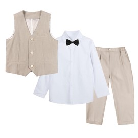 LOLANTA 4-Piece Formal Suit for Boy, Waistcoat Set, Kids Birthday Wedding Party Occasionwear, Beige, 100, 3-4 Years