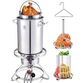 ARC 32QT Turkey Fryer Pot With Basket And Burner 37,000 BTU Outdoor Stainless Steel Seafood Boil Crawfish Boil Crab Boil Pot and Burner Kit Propane Burner For Outdoor Cooking With Rust-Proof Hose & Adjustable Regulator