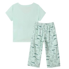 YIJIU Women Soft Comfy Pajamas Cute Cat Short Sleeve Capri Pants PJS Set, Greencat, Large