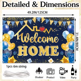 Welcome Home Decorations Banner Backdrop - Retirement Family Porch Sign Banner for Women Men, Blue Gold Welcome Back Theme Party Supplies for Baby Boy Girl