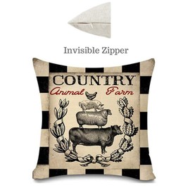 NYDECOR Rustic Farmhouse Pillow Covers Farm Animal Throw Pillow Case Buffalo Plaid Sheep Chicken Pig Cow Country Cushion Cover for Couch Sofa Cotton Linen 18x18 Set of 4