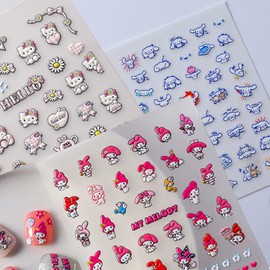 5D Nail Art Stickers Kawaii Self-Adhesive Anime Nail Stickers for Nails Art Design for Women Girls, 3 Sheets Cute Cartoon Nail Art Supplies