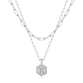M MOOHAM Silver Necklaces for Women - Necklaces for Women Cute Hexagon Letter Initial K Necklace Choker Necklaces Silver Layered Necklaces for Women