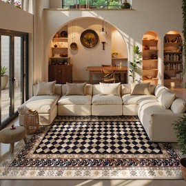 Wonnitar Checkered 6x9 Area Rugs for Living Room, Washable Non Slip Black Trellis Rugs for Bedroom, Low Pile Soft Stain Resistant Funky Floor Carpet for Bedroom Dorm Home Decor (Black,6x9)