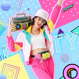 VillbeCoser Conjunto de Disfraz Retro 80/90: Chaqueta Windbreaker y Fanny Pack Neon