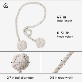 Remunkia 2 Pieces Curtain Tiebacks, Outdoor Curtain Tiebacks, Boho Curtain Tiebacks with Handmade Natural Cotton Rope and Balls, Bohemian Style Simple Decorative Curtain Tiebacks (Beige, 2)