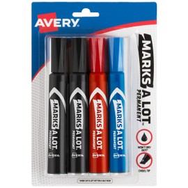 Avery Marks-A-Lot Permanent Markers, Regular Desk-Style Size, Chisel Tip, Water and Wear Resistant, 4 Assorted Markers (07905)