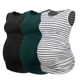 Smallshow Women's Maternity Tank Tops Sleeveless Ruched Pregnancy Clothes Black-Deep Green-White Stripe Medium 3-Pack