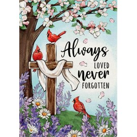 Covido Memorial Christian Cross Cardinal Decorative Garden Flag, Religious Always Loved Never Forgotten Yard Outside Decorations, Spring Summer Flower Outdoor Small Home Decor Double Sided 12 x 18