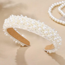 Sinalty White Pearl Wide Headbands Crystal Beads Hairband Bride Wedding Hair Accessories for Women and Girls