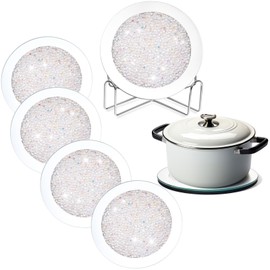 Jetec Crushed Diamond Trivet Set of 6 with 1 Holder, Crystal Mirrored Trivet Glitter Crushed Diamond Decoration Rhinestone for Hot Pots and Pans(White)