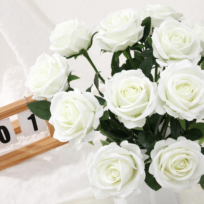 20 Pcs White Artificial Flowers Fake Artificial Roses Silk Flower