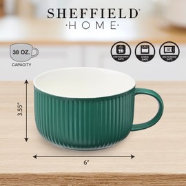 Sheffield Home 38oz Stoneware Soup Bowl with Handle - Dishwasher & Microwave Safe. Extra Large 6” Soup Mug, Great for Cereal, Oatmeal, Gumbo, Salad - Green