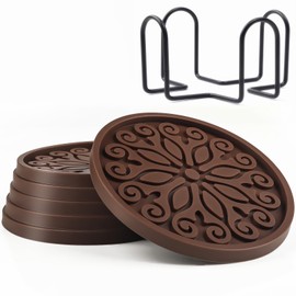QUSUM Coasters for Drinks,Silicone Coasters with Holder,Set of 6 - Great Gift for Birthday, Housewarming, Room Decor, Bar, Holiday Party (Brown)