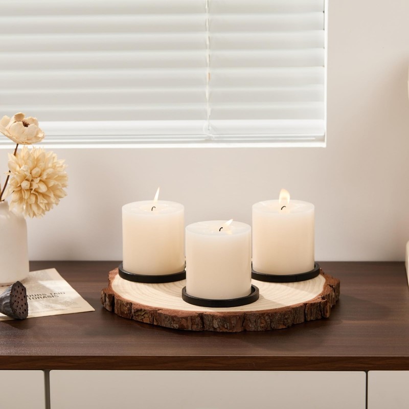 3-Piece Black Wood Candle Holder Plate Base Set for Pillar